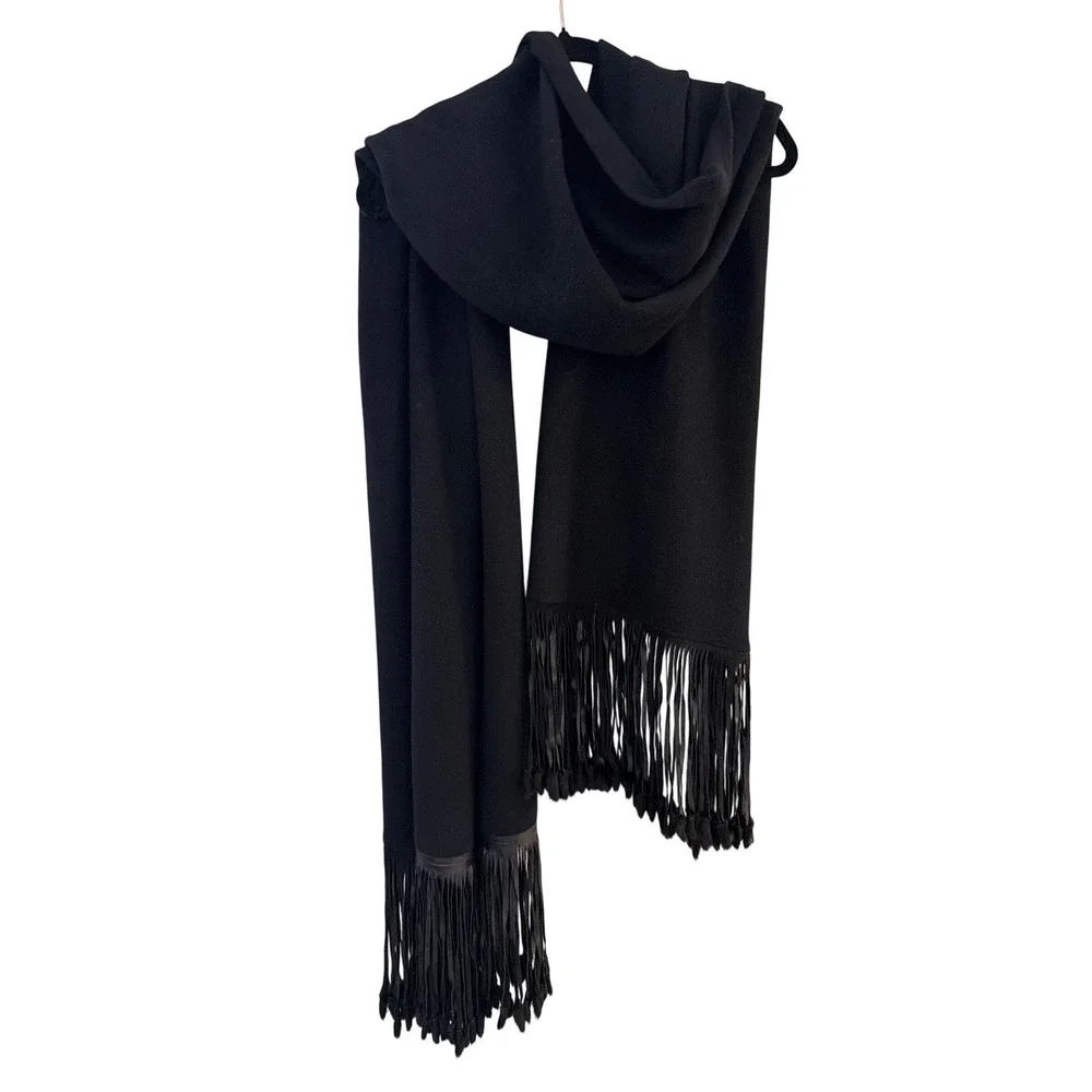 Zoe Couture Black Cashmere Wool Wrap Scarf Leather Fringe Fur Trim Oversized O/S